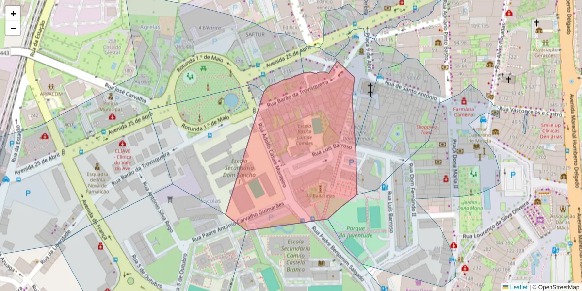 Mapa detalhado do código postal 4760-126 com limites, códigos postais vizinhos e agências dos correios