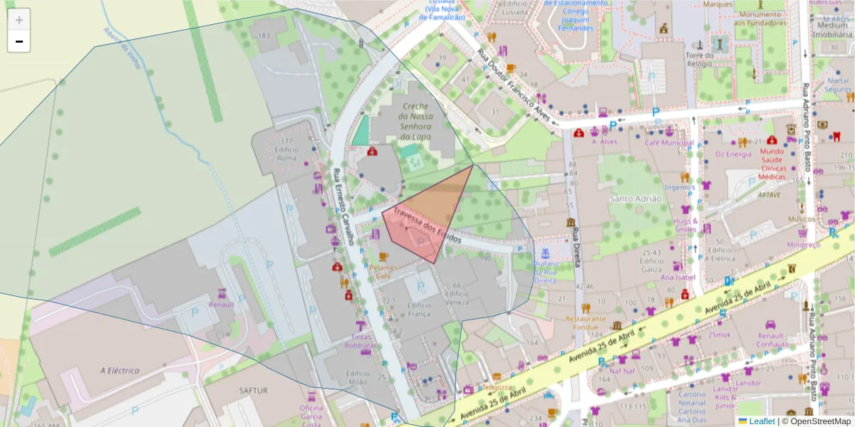 Mapa detalhado do código postal 4760-172 com limites, códigos postais vizinhos e agências dos correios