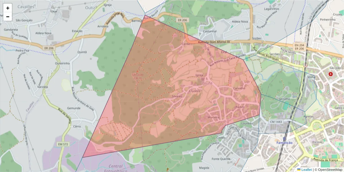 Mapa detalhado do código postal 4760-249 com limites, códigos postais vizinhos e agências dos correios