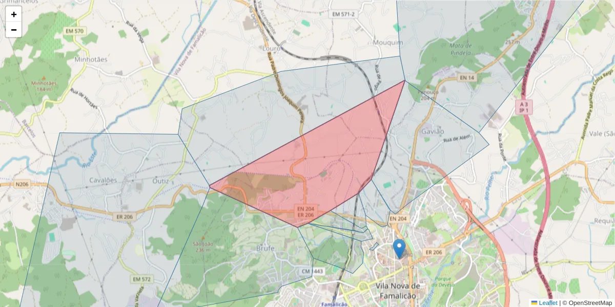 Mapa detalhado do código postal 4760-254 com limites, códigos postais vizinhos e agências dos correios