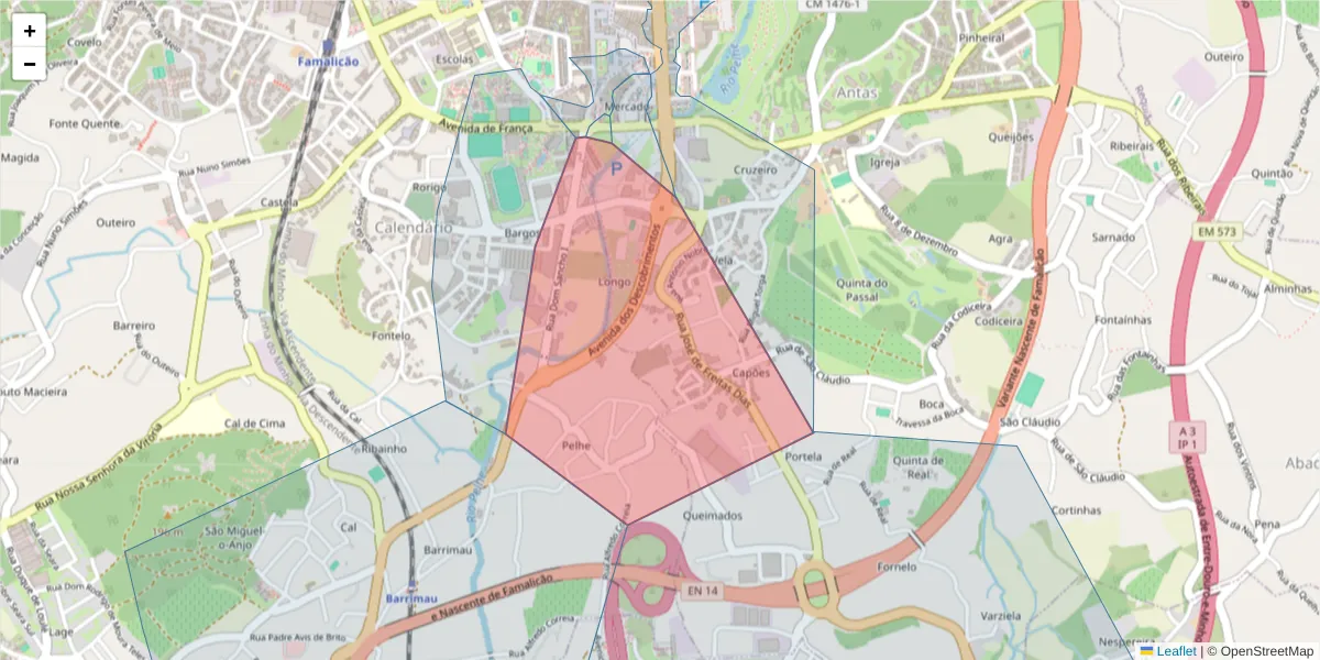 Mapa detalhado do código postal 4760-325 com limites, códigos postais vizinhos e agências dos correios