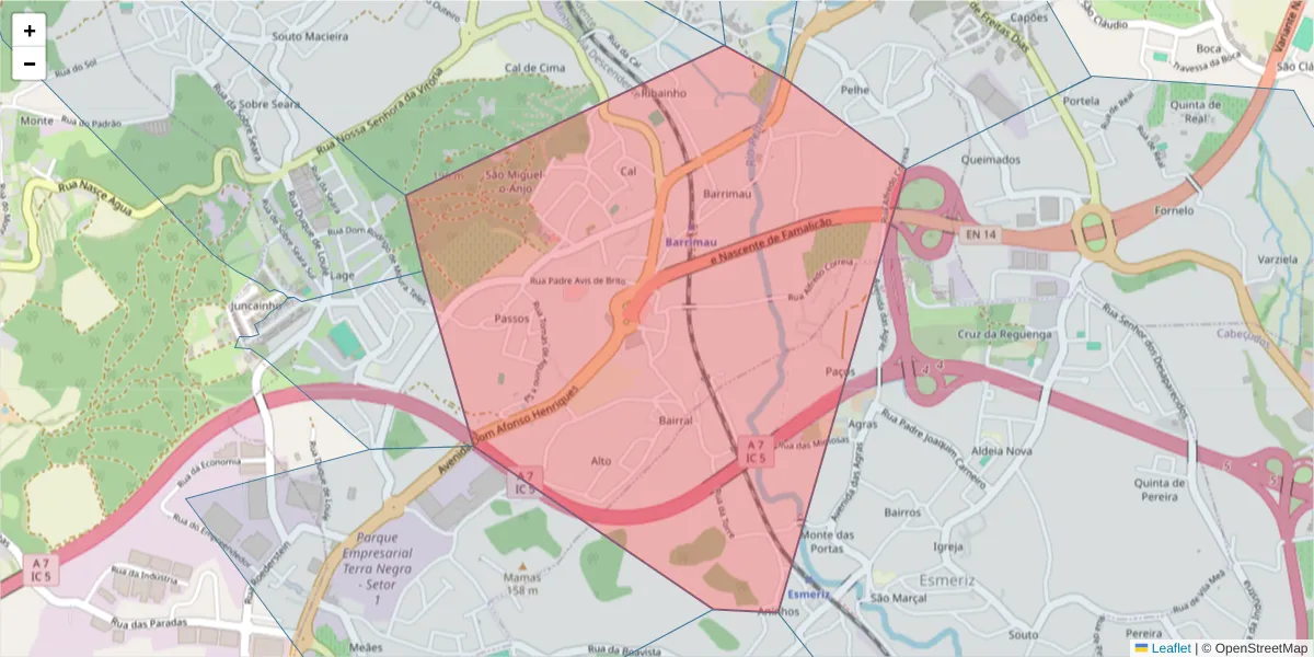 Mapa detalhado do código postal 4760-361 com limites, códigos postais vizinhos e agências dos correios