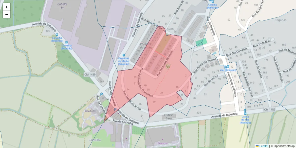 Mapa detalhado do código postal 4760-411 com limites, códigos postais vizinhos e agências dos correios