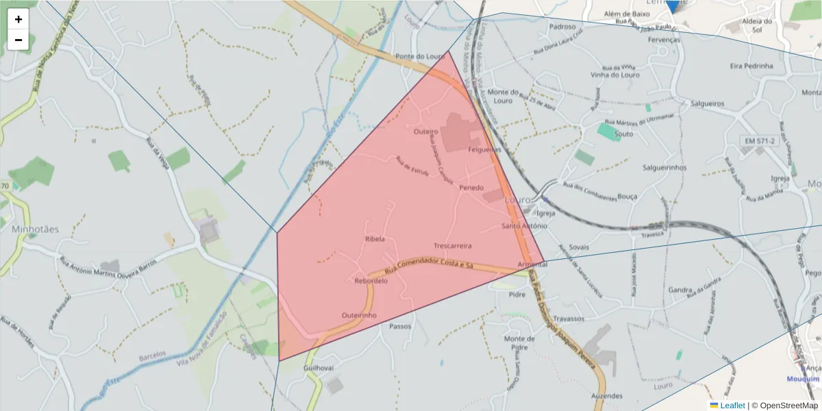Mapa detalhado do código postal 4760-552 com limites, códigos postais vizinhos e agências dos correios