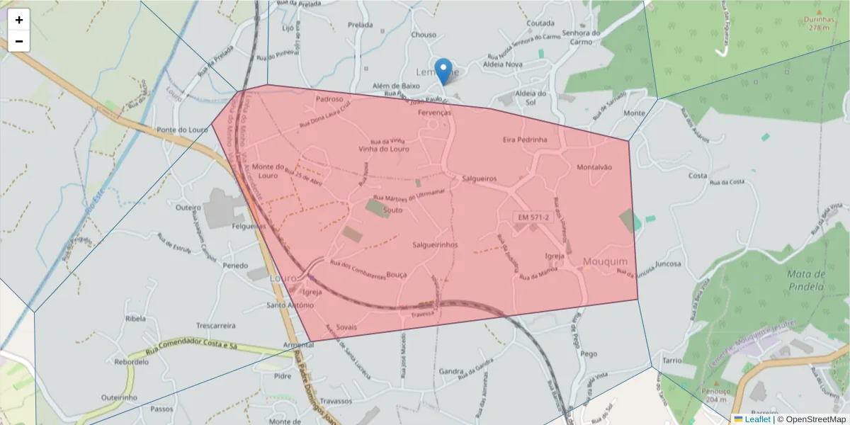 Mapa detalhado do código postal 4760-590 com limites, códigos postais vizinhos e agências dos correios