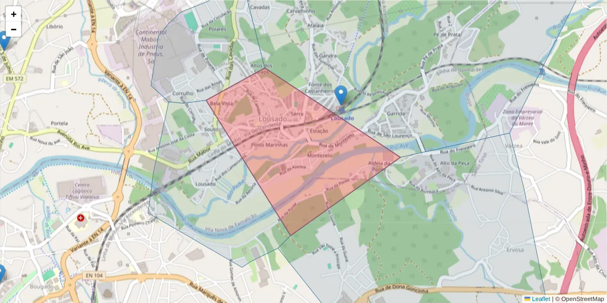 Mapa detalhado do código postal 4760-611 com limites, códigos postais vizinhos e agências dos correios