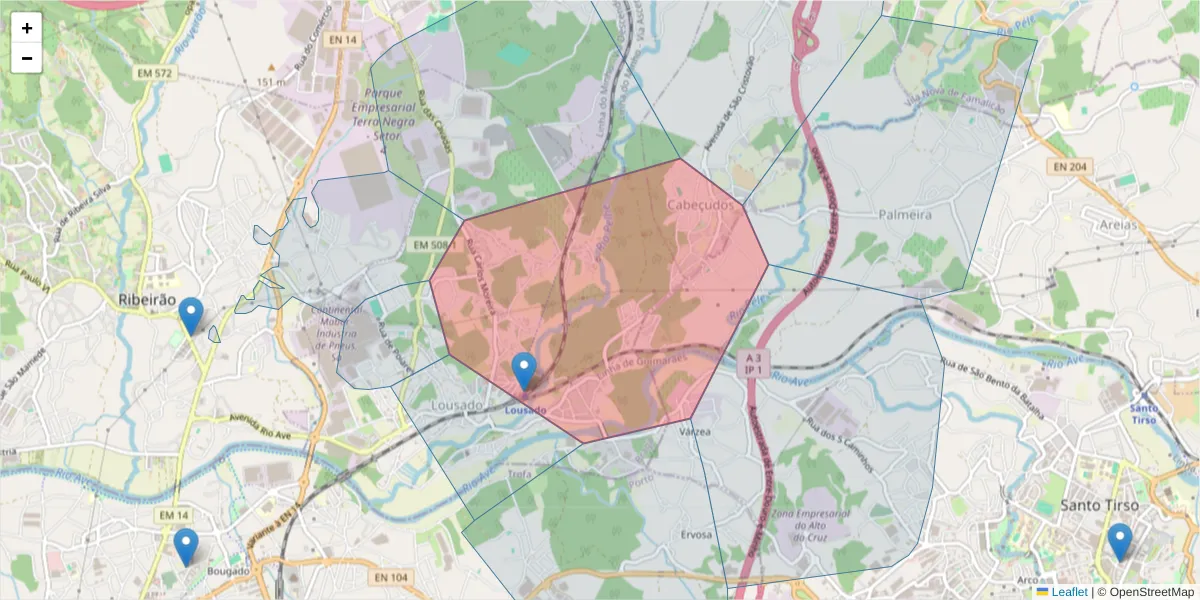 Mapa detalhado do código postal 4760-668 com limites, códigos postais vizinhos e agências dos correios