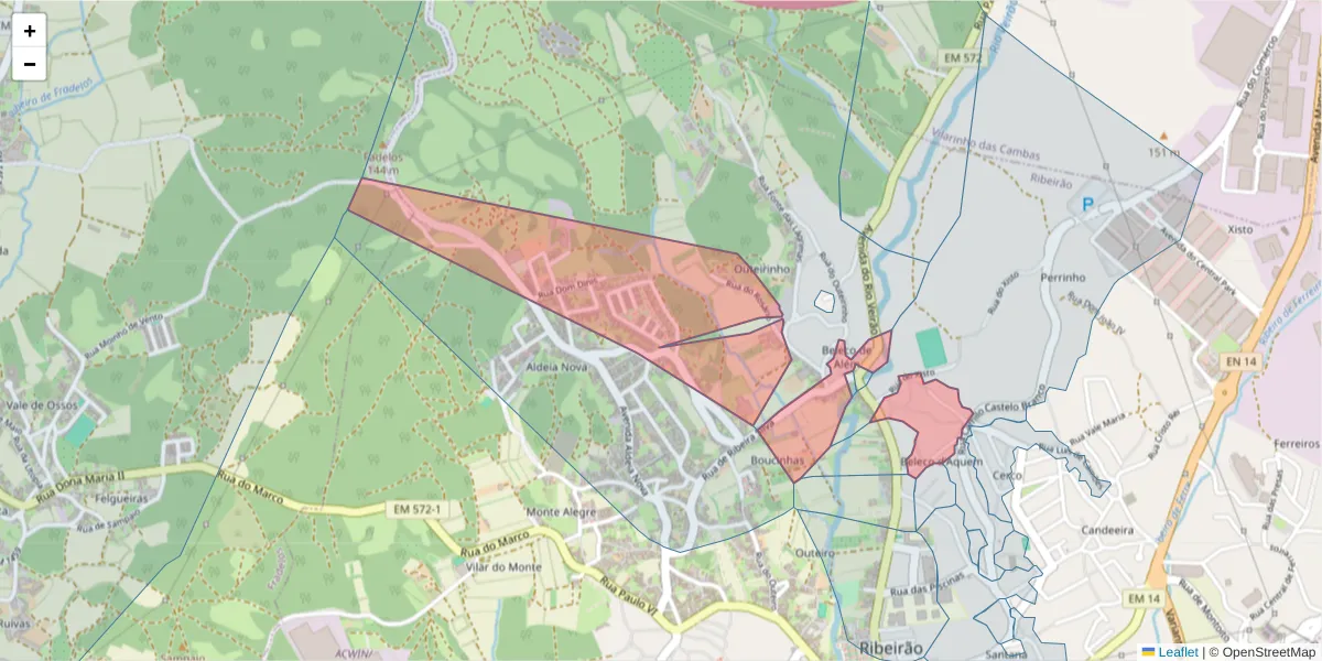 Mapa detalhado do código postal 4760-703 com limites, códigos postais vizinhos e agências dos correios