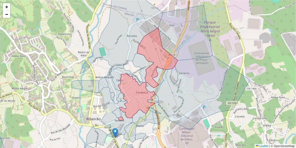 Mapa detalhado do código postal 4760-708 com limites, códigos postais vizinhos e agências dos correios