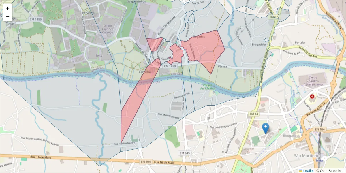 Mapa detalhado do código postal 4760-712 com limites, códigos postais vizinhos e agências dos correios