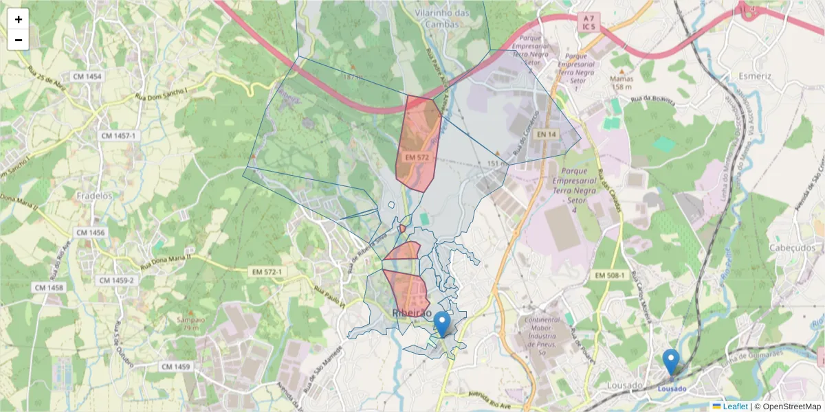 Mapa detalhado do código postal 4760-715 com limites, códigos postais vizinhos e agências dos correios