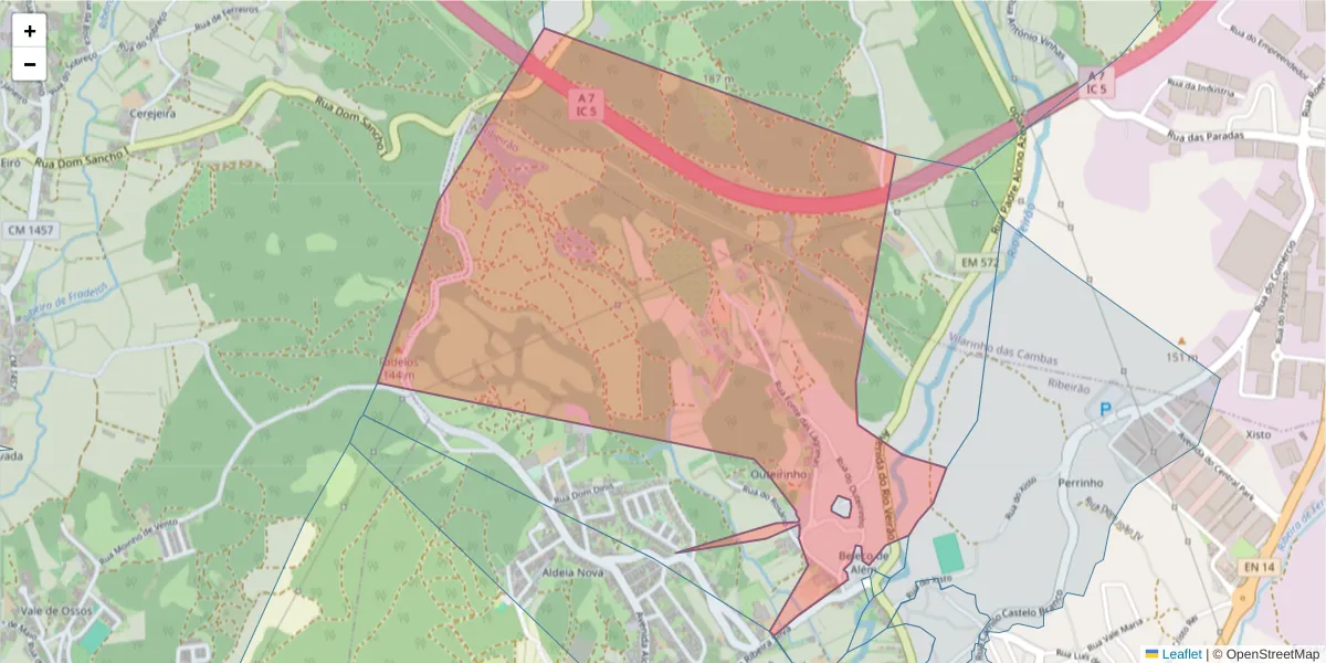 Mapa detalhado do código postal 4760-718 com limites, códigos postais vizinhos e agências dos correios