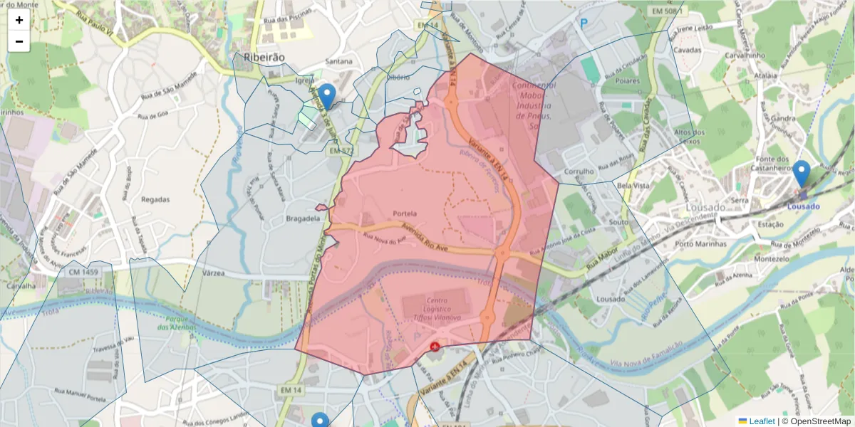 Mapa detalhado do código postal 4760-721 com limites, códigos postais vizinhos e agências dos correios