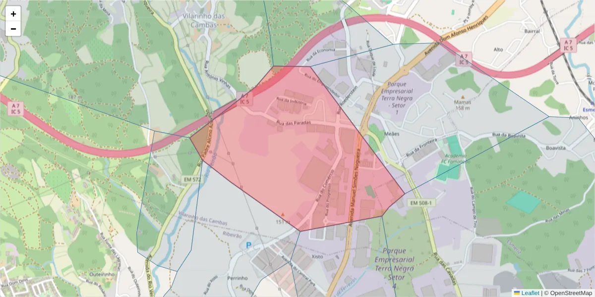 Mapa detalhado do código postal 4760-739 com limites, códigos postais vizinhos e agências dos correios