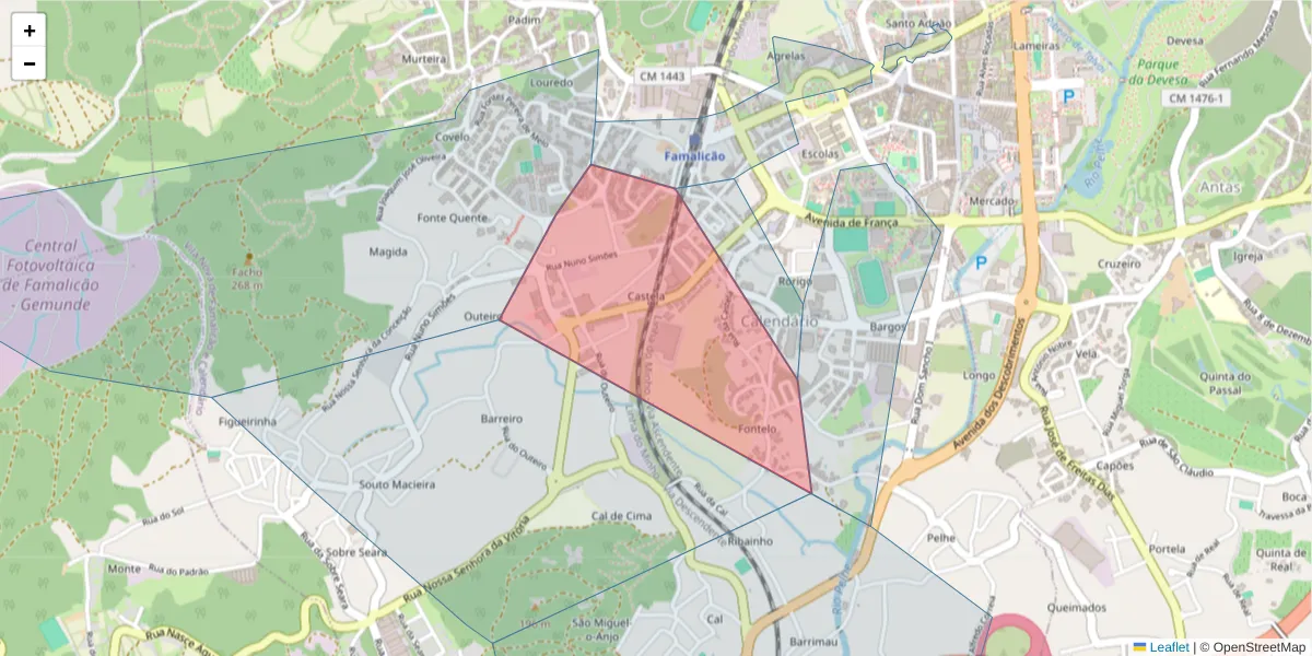 Mapa detalhado do código postal 4760-860 com limites, códigos postais vizinhos e agências dos correios