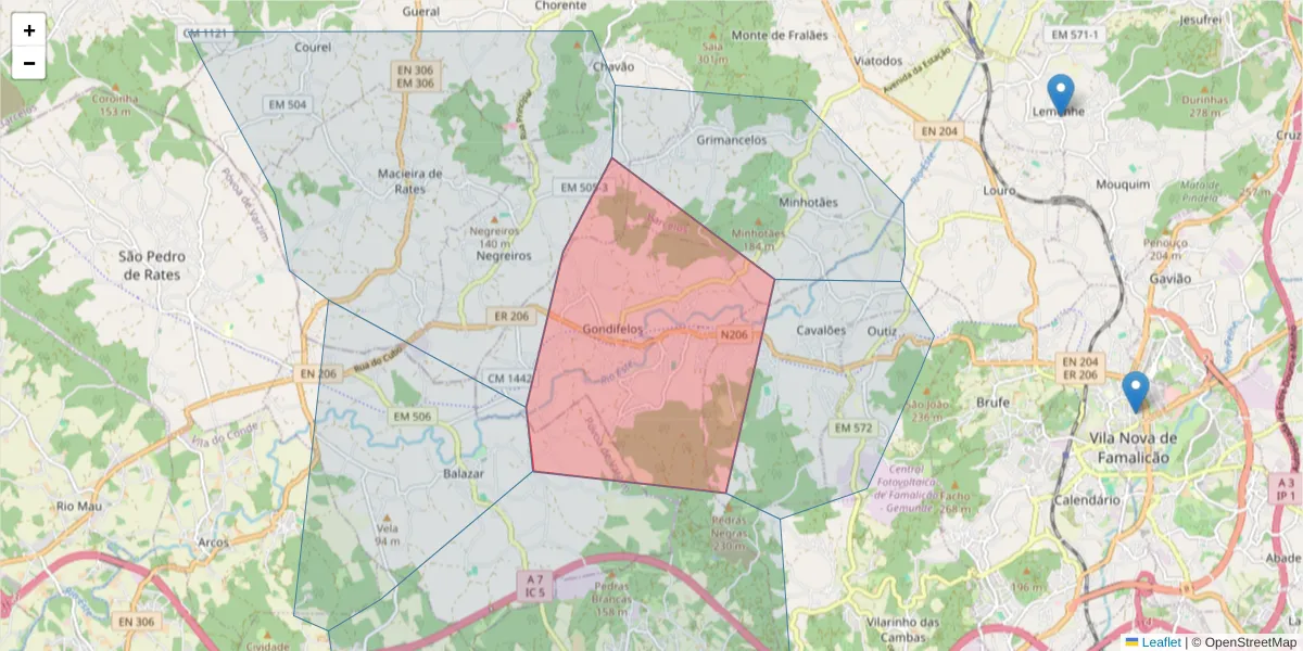 Mapa detalhado do código postal 4760 Gondifelos com limites, códigos postais vizinhos e agências dos correios