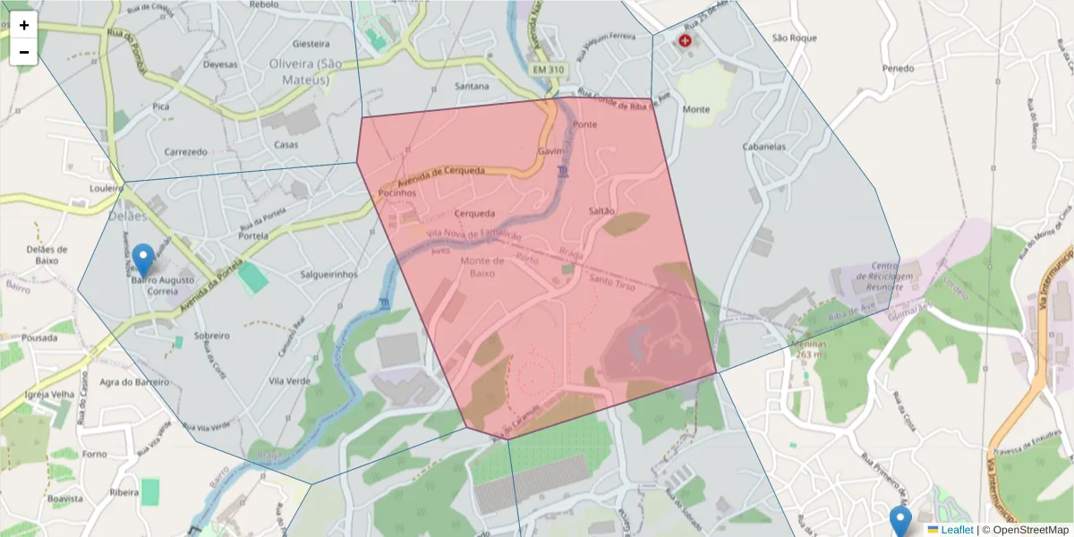 Mapa detalhado do código postal 4765-000 com limites, códigos postais vizinhos e agências dos correios