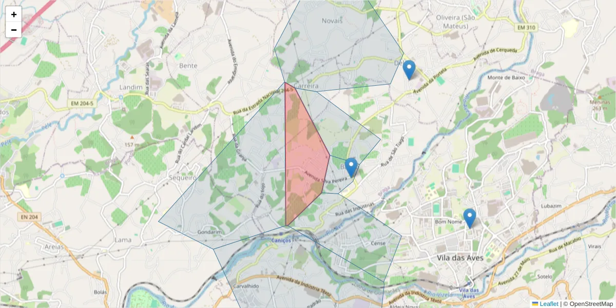 Mapa detalhado do código postal 4765-014 Bairro com limites, códigos postais vizinhos e agências dos correios