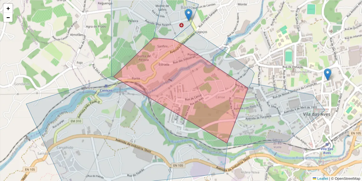 Mapa detalhado do código postal 4765-018 com limites, códigos postais vizinhos e agências dos correios