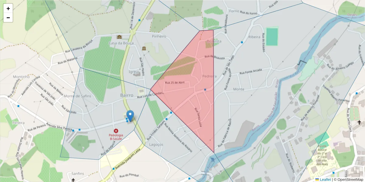 Mapa detalhado do código postal 4765-050 com limites, códigos postais vizinhos e agências dos correios