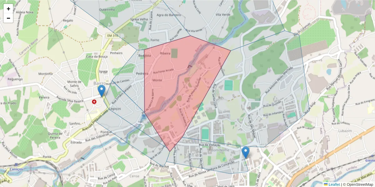 Mapa detalhado do código postal 4765-067 com limites, códigos postais vizinhos e agências dos correios
