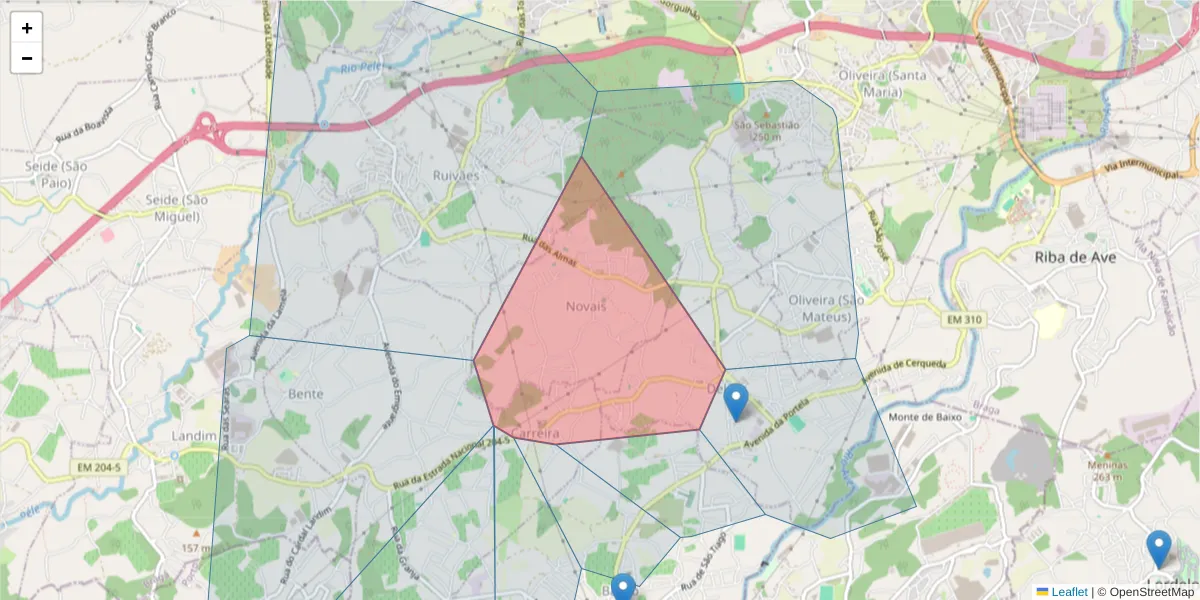 Mapa detalhado do código postal 4765-094 Delães com limites, códigos postais vizinhos e agências dos correios