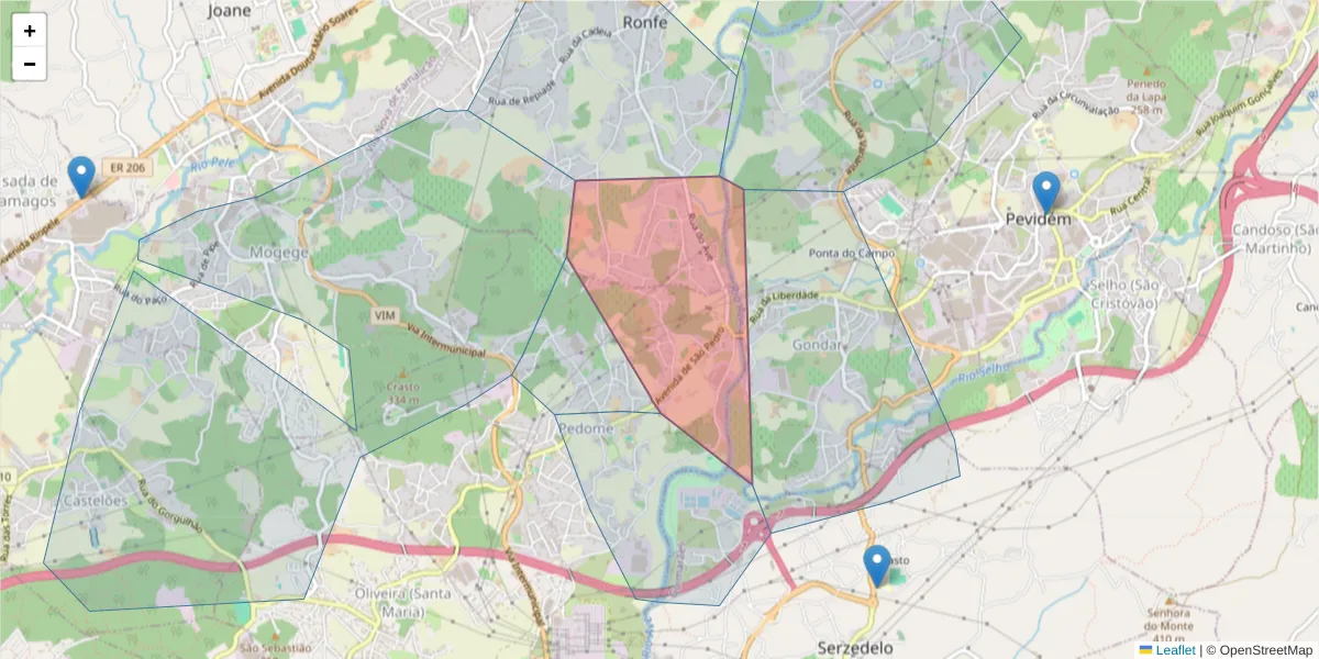 Mapa detalhado do código postal 4765-140 com limites, códigos postais vizinhos e agências dos correios