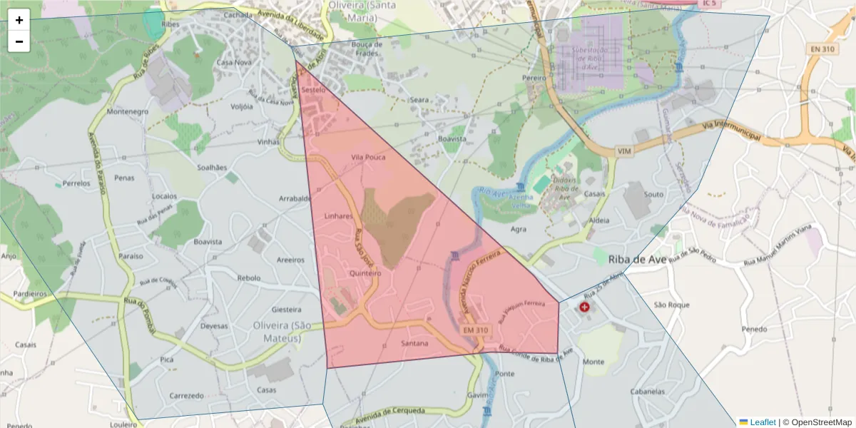 Mapa detalhado do código postal 4765-202 com limites, códigos postais vizinhos e agências dos correios