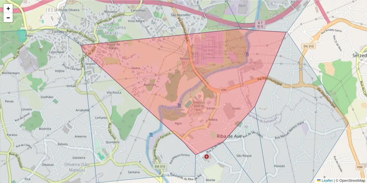 Mapa detalhado do código postal 4765-213 com limites, códigos postais vizinhos e agências dos correios