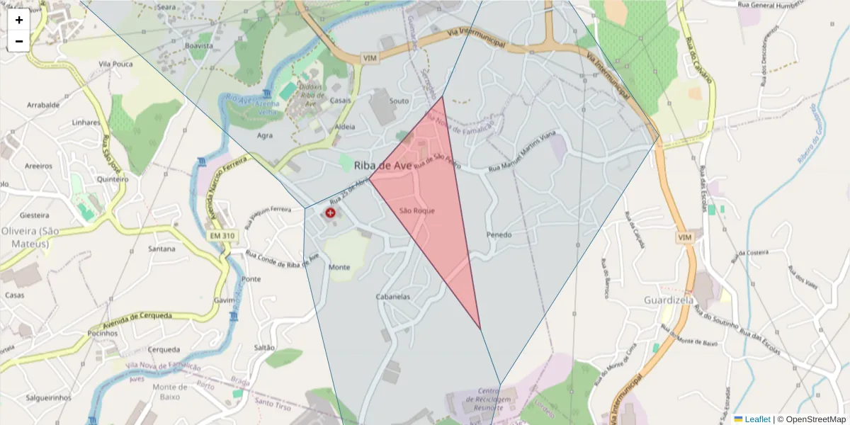 Mapa detalhado do código postal 4765-219 Riba de Ave com limites, códigos postais vizinhos e agências dos correios