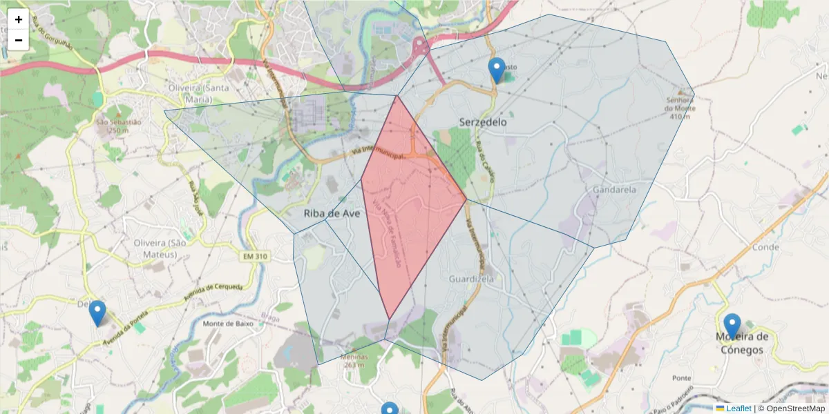 Mapa detalhado do código postal 4765-260 com limites, códigos postais vizinhos e agências dos correios