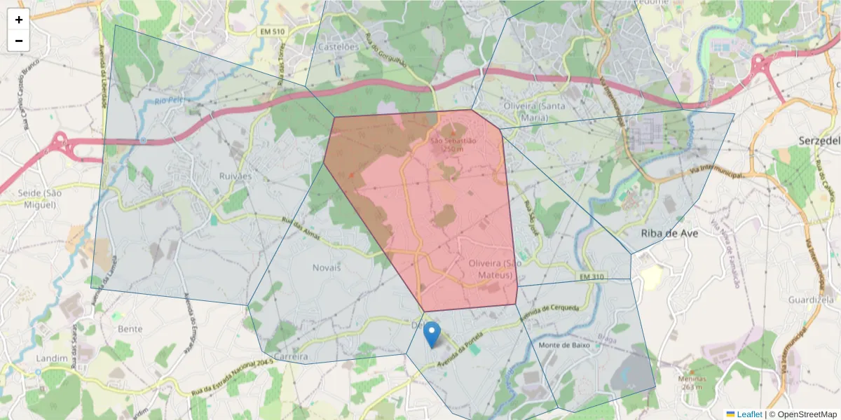 Mapa detalhado do código postal 4765-902 Delães com limites, códigos postais vizinhos e agências dos correios