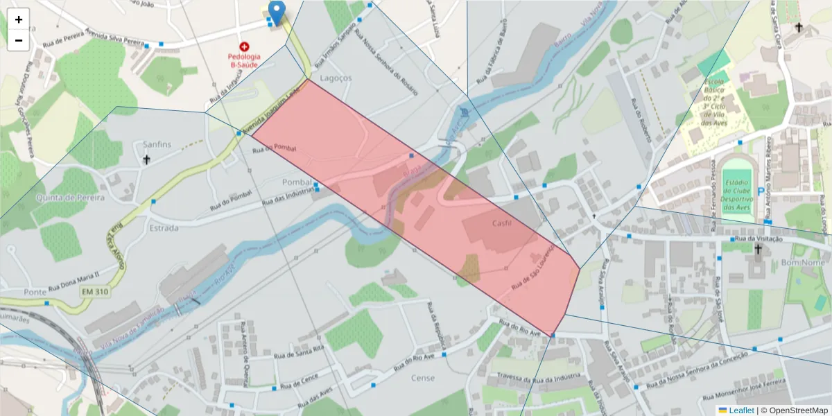 Mapa detalhado do código postal 4765 com limites, códigos postais vizinhos e agências dos correios