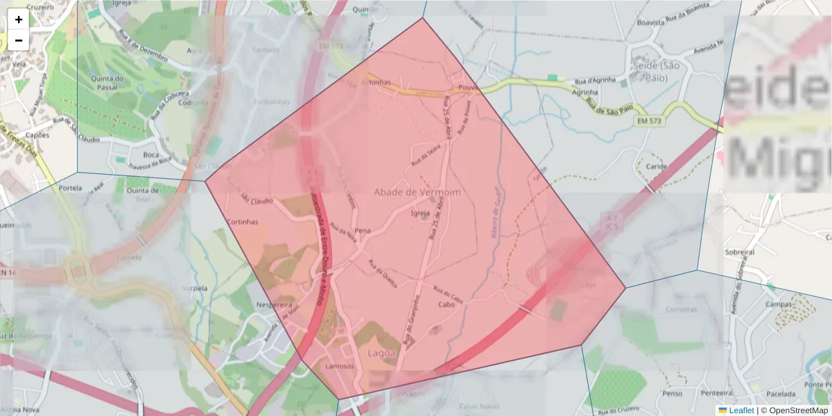 Mapa detalhado do código postal 4770-014 com limites, códigos postais vizinhos e agências dos correios