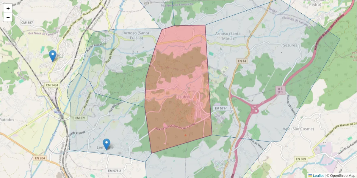 Mapa detalhado do código postal 4770-160 com limites, códigos postais vizinhos e agências dos correios