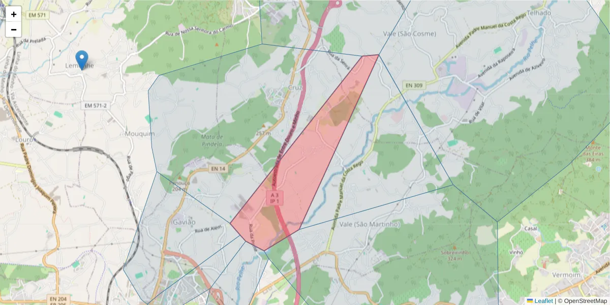 Mapa detalhado do código postal 4770-174 com limites, códigos postais vizinhos e agências dos correios