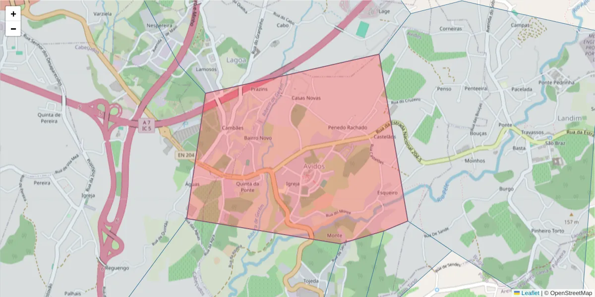 Mapa detalhado do código postal 4770-284 com limites, códigos postais vizinhos e agências dos correios