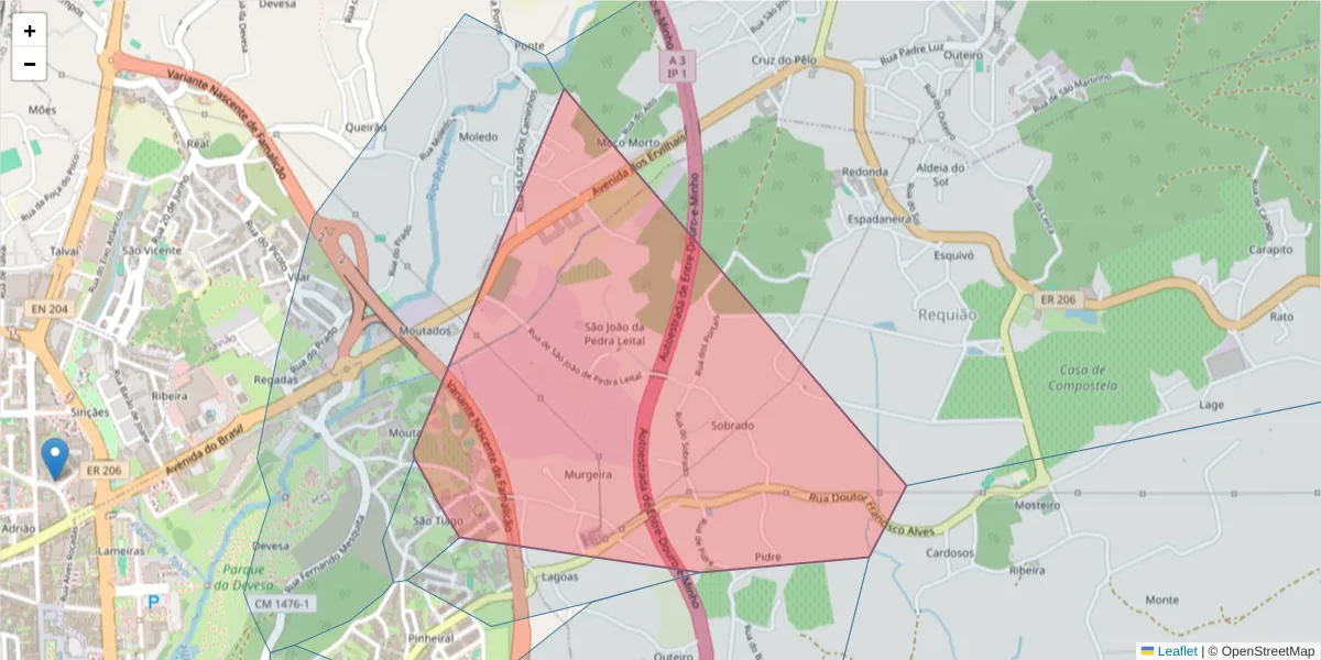 Mapa detalhado do código postal 4770-454 com limites, códigos postais vizinhos e agências dos correios