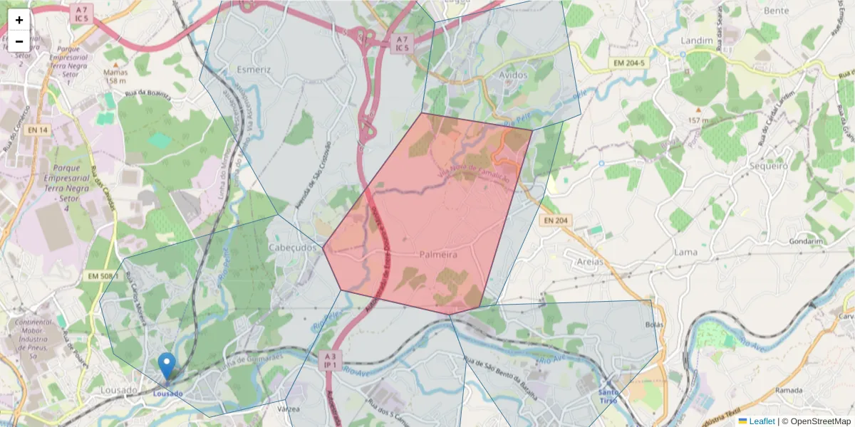 Mapa detalhado do código postal 4770-828 com limites, códigos postais vizinhos e agências dos correios