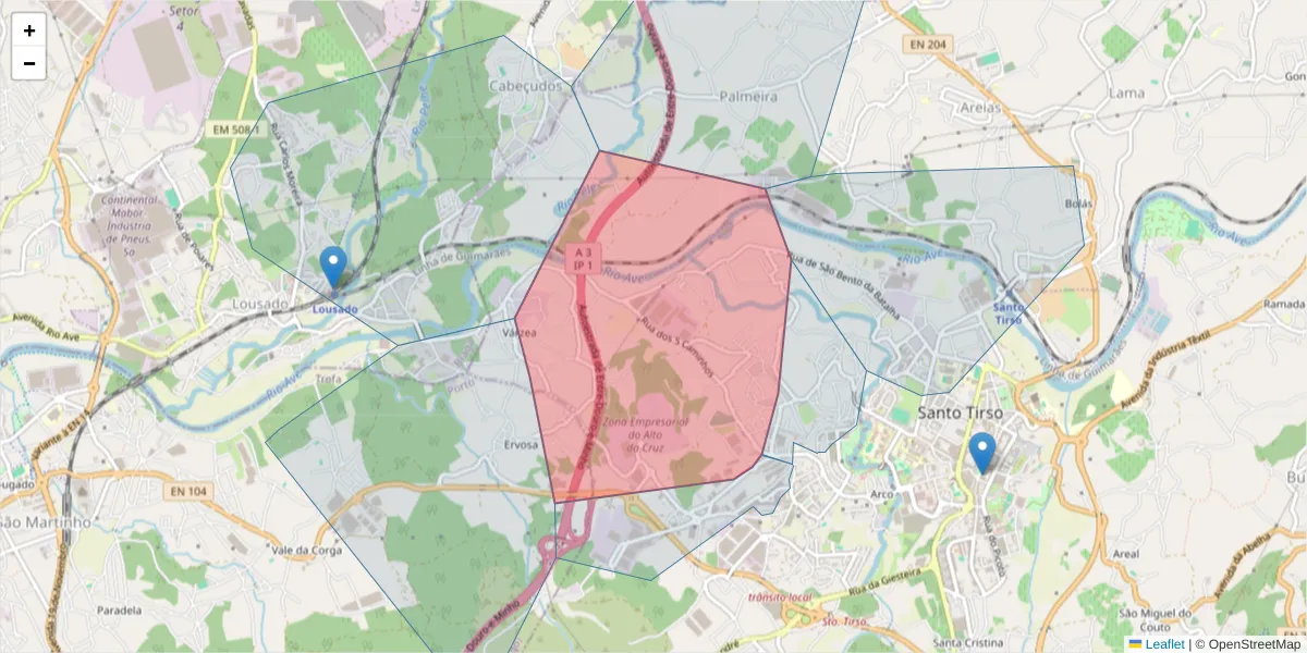 Mapa detalhado do código postal 4780-140 com limites, códigos postais vizinhos e agências dos correios