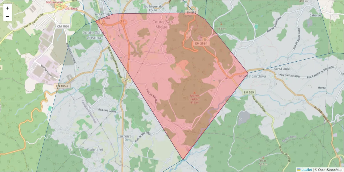 Mapa detalhado do código postal 4780-164 com limites, códigos postais vizinhos e agências dos correios