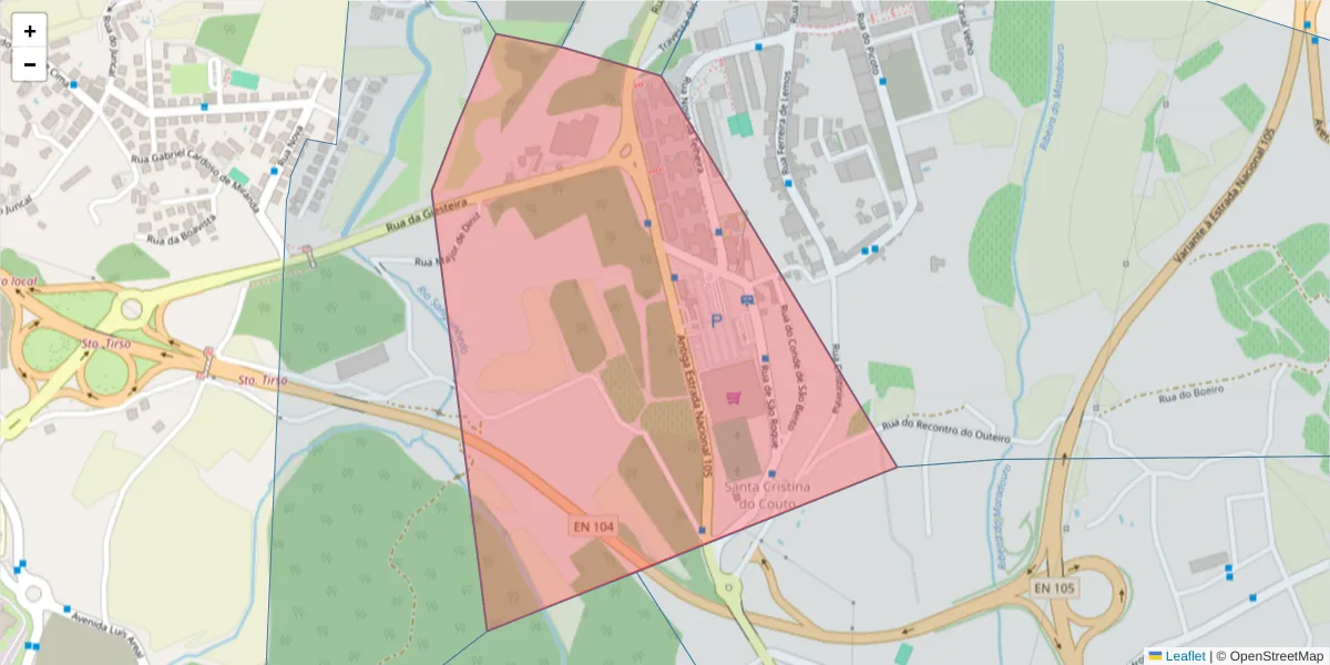 Mapa detalhado do código postal 4780-200 com limites, códigos postais vizinhos e agências dos correios