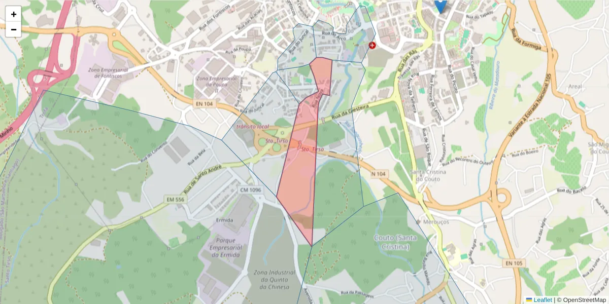 Mapa detalhado do código postal 4780-207 com limites, códigos postais vizinhos e agências dos correios