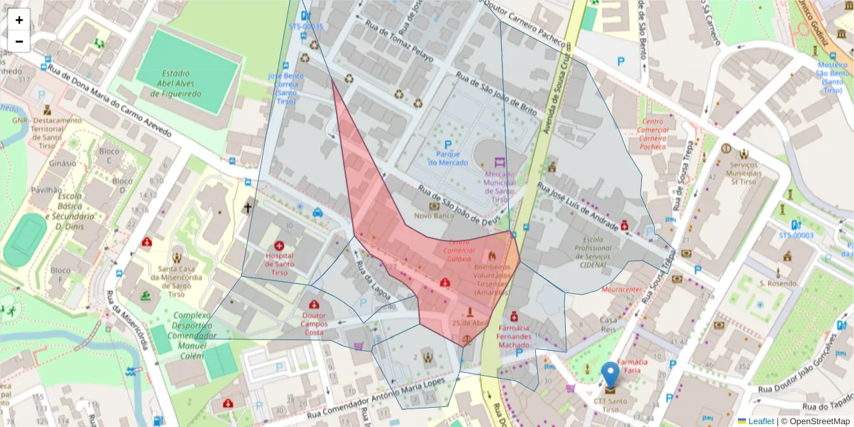 Mapa detalhado do código postal 4780-364 com limites, códigos postais vizinhos e agências dos correios