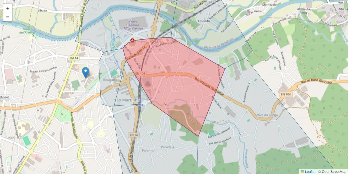 Mapa detalhado do código postal 4785-000 com limites, códigos postais vizinhos e agências dos correios