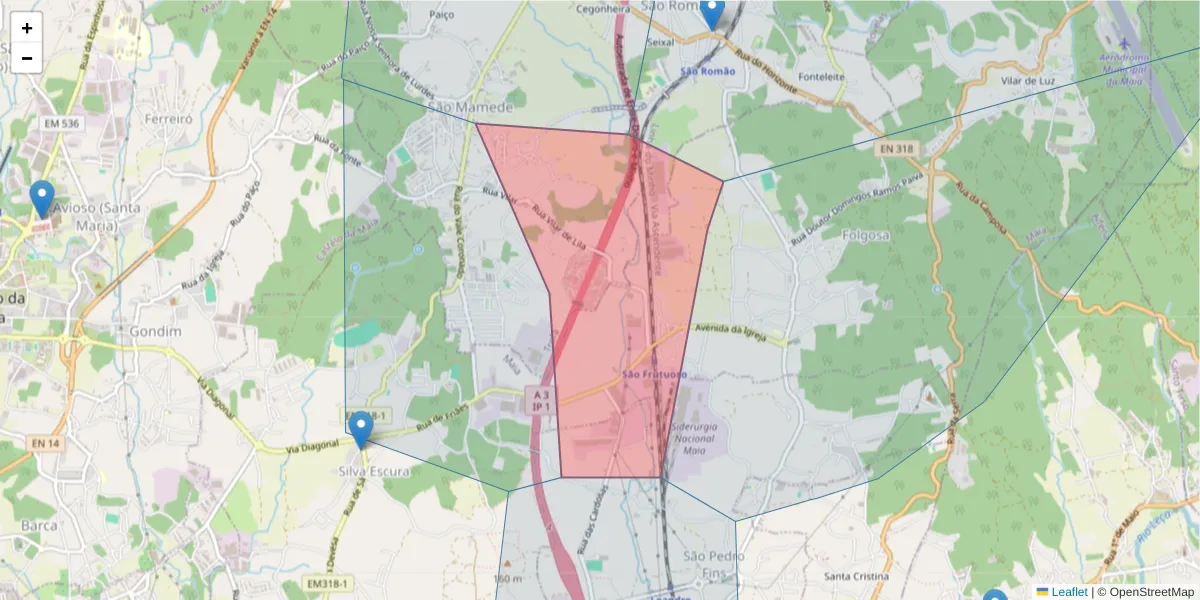 Mapa detalhado do código postal 4785-209 com limites, códigos postais vizinhos e agências dos correios