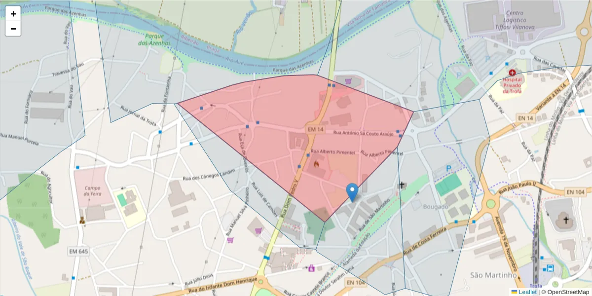 Mapa detalhado do código postal 4785-292 com limites, códigos postais vizinhos e agências dos correios