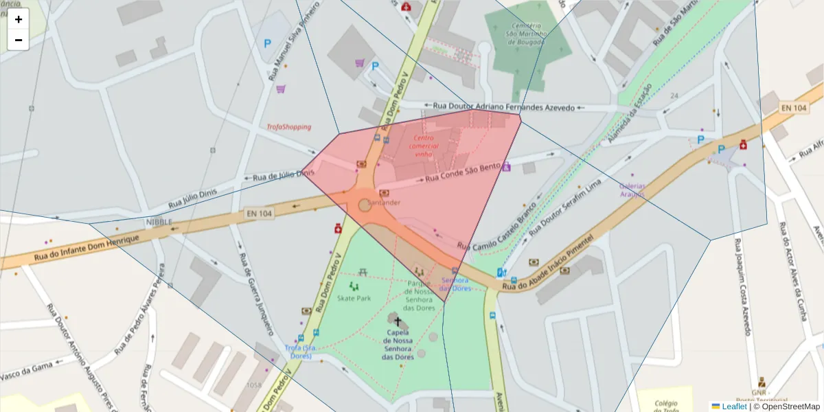 Mapa detalhado do código postal 4785-296 com limites, códigos postais vizinhos e agências dos correios