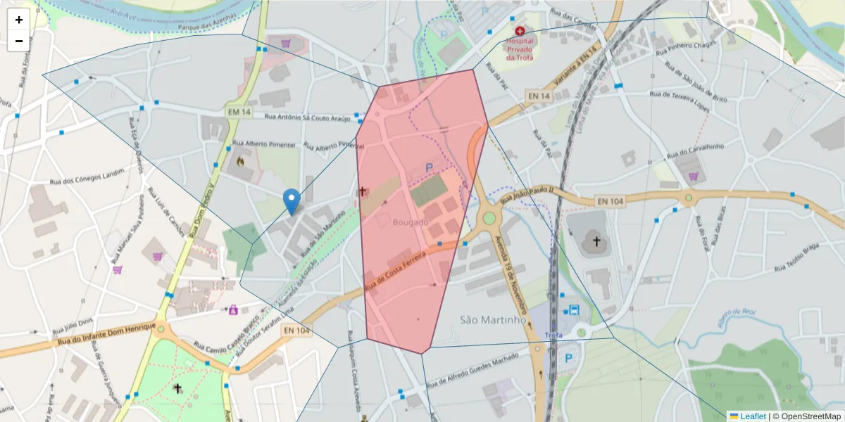 Mapa detalhado do código postal 4785-298 com limites, códigos postais vizinhos e agências dos correios