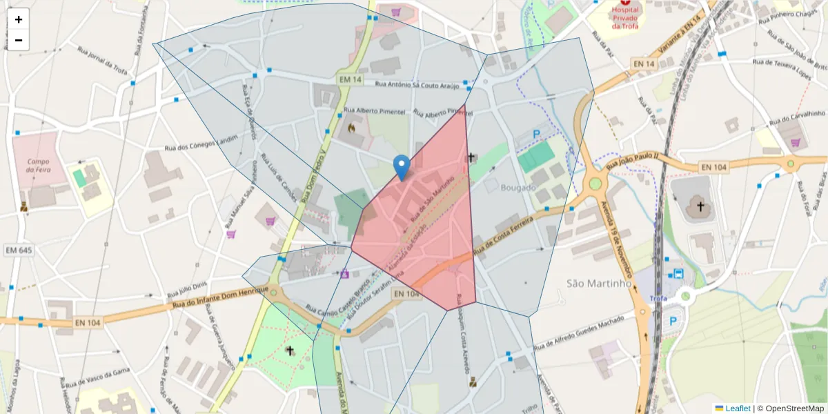 Mapa detalhado do código postal 4785-305 com limites, códigos postais vizinhos e agências dos correios